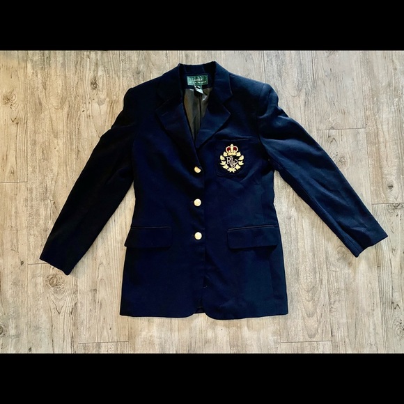 Vtg RALPH LAUREN Blazer JACKET Navy WORSTED WOOL 3-D GOLD RL CREST & CROWN Sz 6 - Picture 3 of 4
